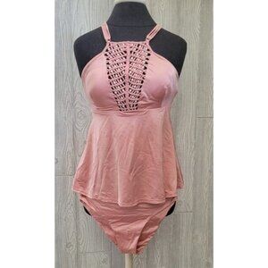 NWOT Barefoot Miss of California M Pink Macramé Pearl Tankini Swimsuit 94348